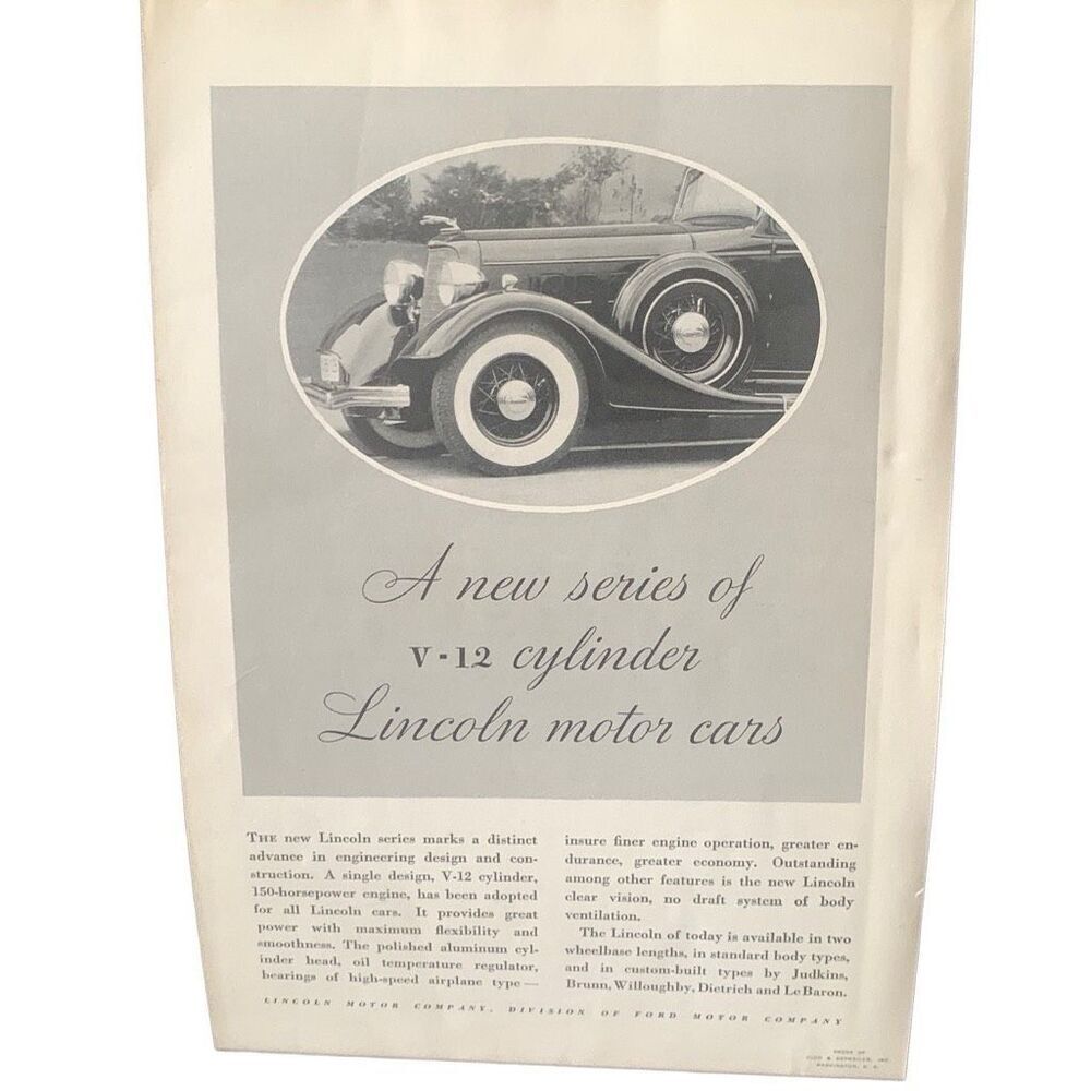 Vintage 1934 Lincoln New Series of V-12 Ad Advertisment